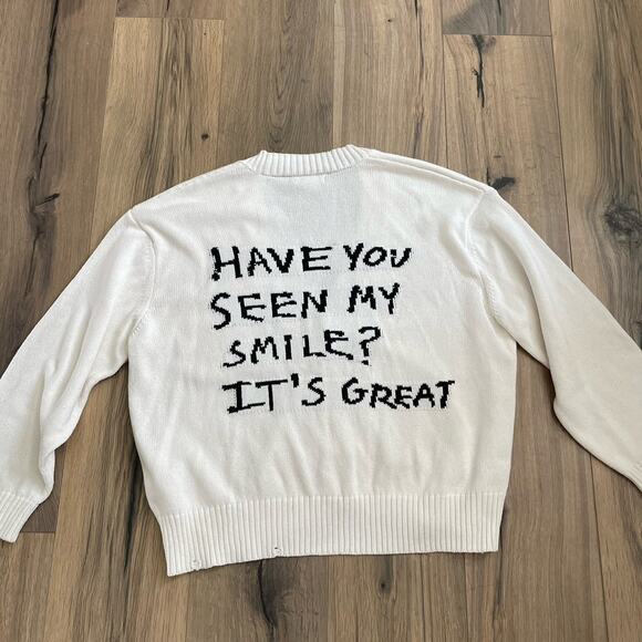 ZARA x Pepo Moreno White Cardigan Sz Medium “Have You Seen My Smile?” Distressed - Picture 1 of 12